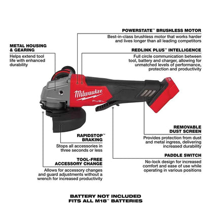 Milwaukee 2880-20 M18 FUEL Brushless 4-1/2"/5" Angle Grinder