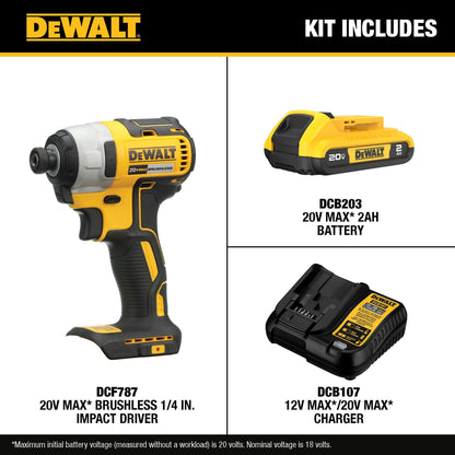DEWALT 20V MAX 1/4 In. Brushless Impact Driver, Battery Included (DCF787D1)