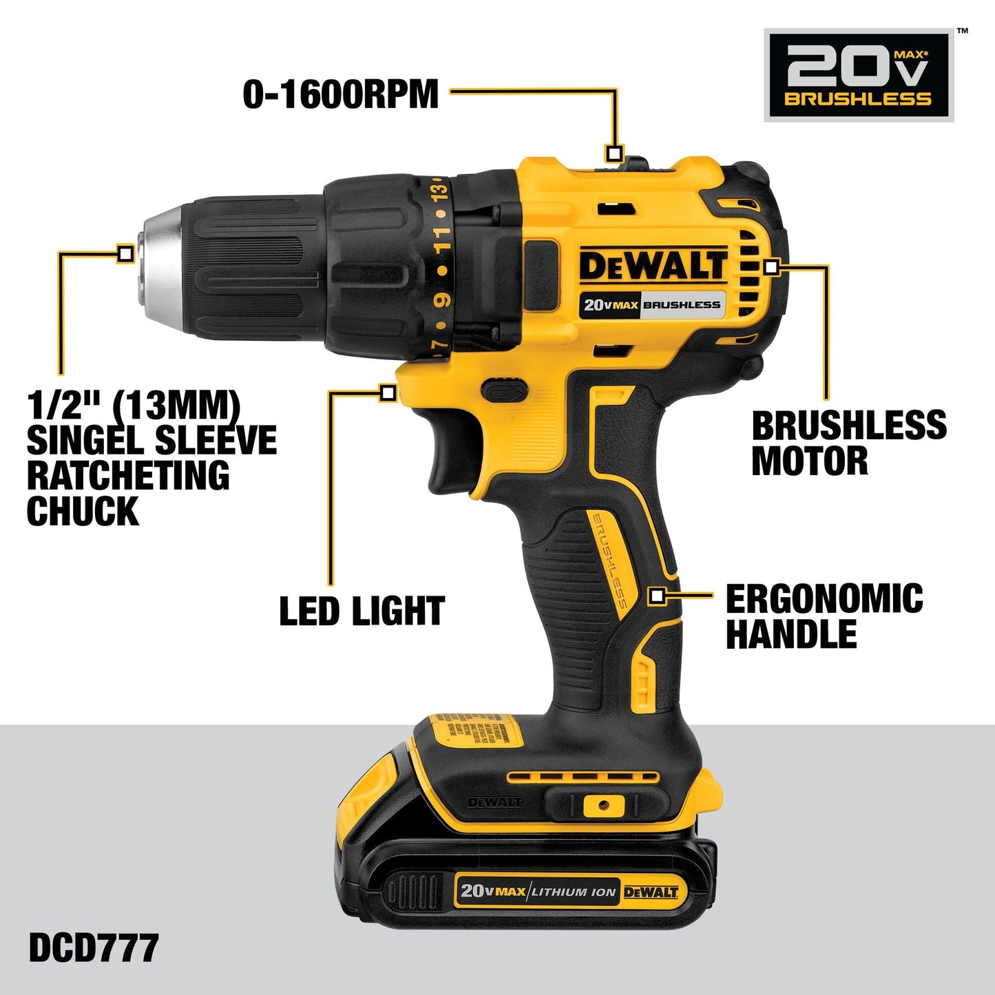 DEWALT 20V MAX Brushless Cordless Drill Driver, 1/2 In. (DCD777D1)
