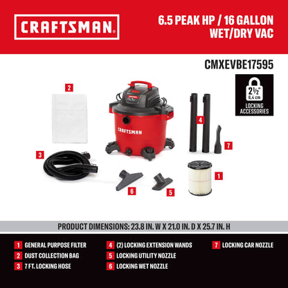 CRAFTSMAN 16 Gallon 6.5 Peak HP Wet Dry Shop Vacuum