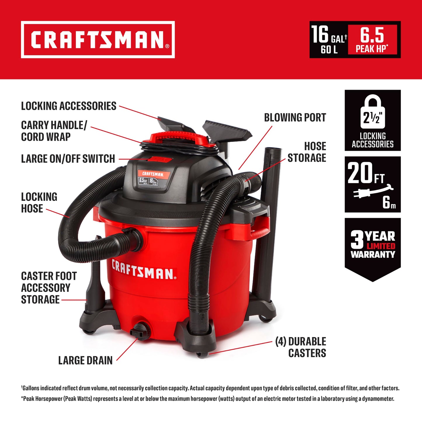 CRAFTSMAN 16 Gallon 6.5 Peak HP Wet Dry Shop Vacuum