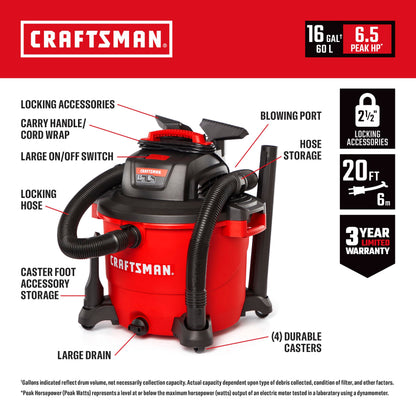 CRAFTSMAN 16 Gallon 6.5 Peak HP Wet Dry Shop Vacuum
